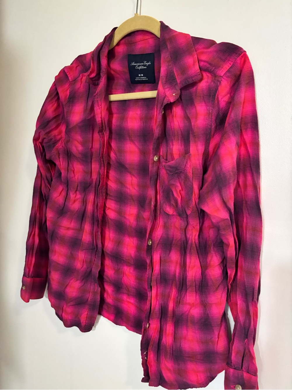 American Eagle Outfitters Bright Pink Plaid Button-Up Shirt